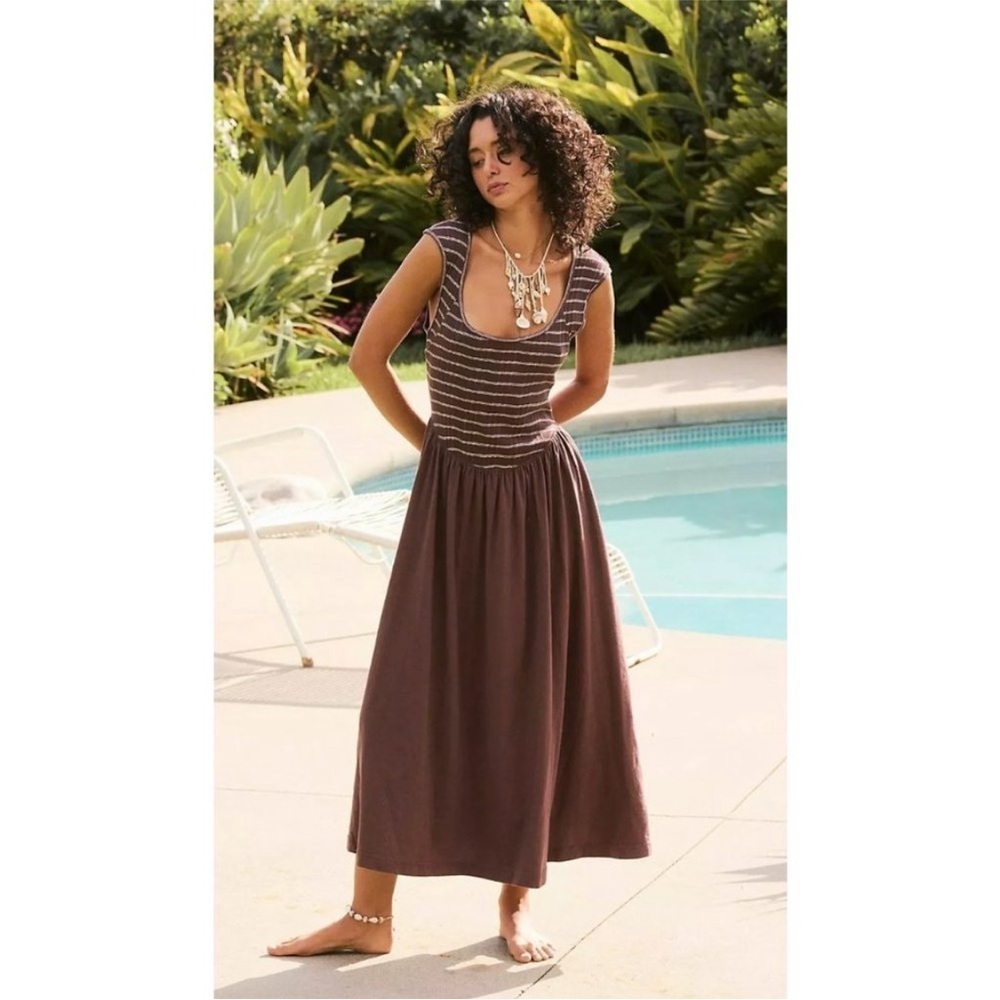 NEW Free People Beach Alana Open-Back Striped Brown Midi - Picture 1 of 10